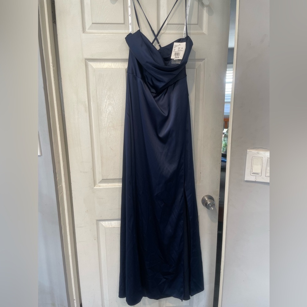 David’s Bridal Navy Bridesmaid Dress Cowl Neck Slit | Size 8 | STYLE# DS270091 - Picture 6 of 8